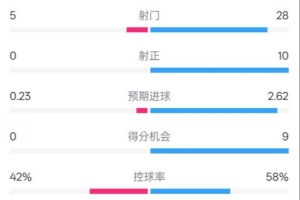 莱斯特城0-1利物浦全场数据：射门5-28，射正0-10，控球率42%-58%